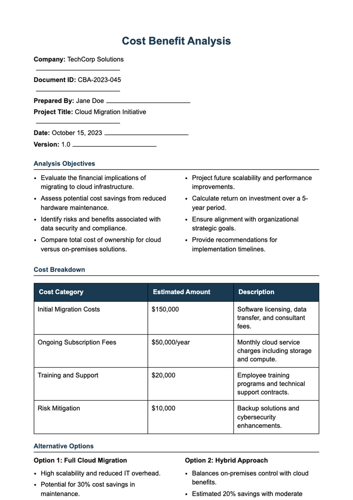 Structured cost benefit analysis template with fillable fields and blue header_variant_1